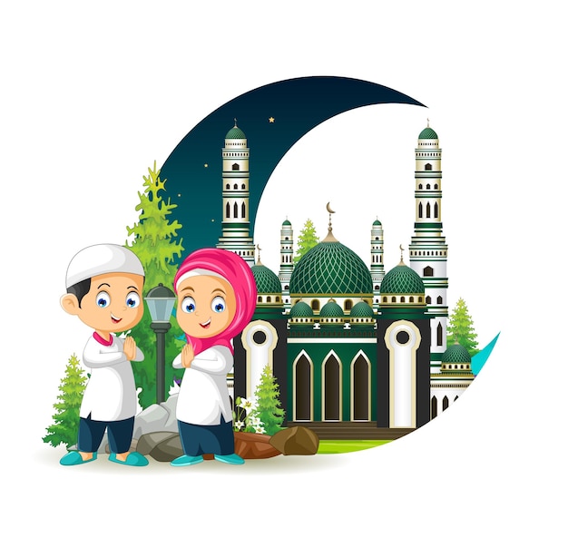 happy muslim kids cartoon with mosque background