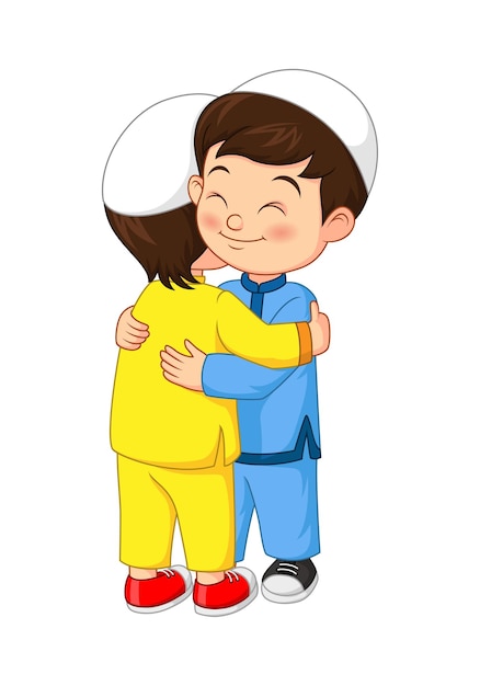Vector happy muslim kids hugging celebrating eid al fitr