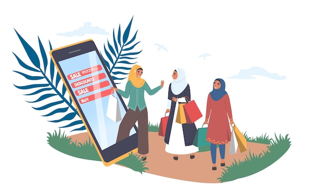 Happy muslim women shopping online flat vector illustration Tiny arab girls in traditional arabic dress hijab leaving big smartphone internet store with shopping bags Mobile marketing ecommerce