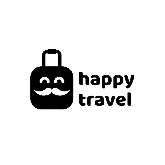 Happy mustachioed man and suitcase travel logo