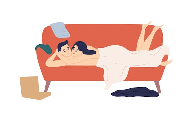 Vector happy naked couple lying on couch after sex flat illustration