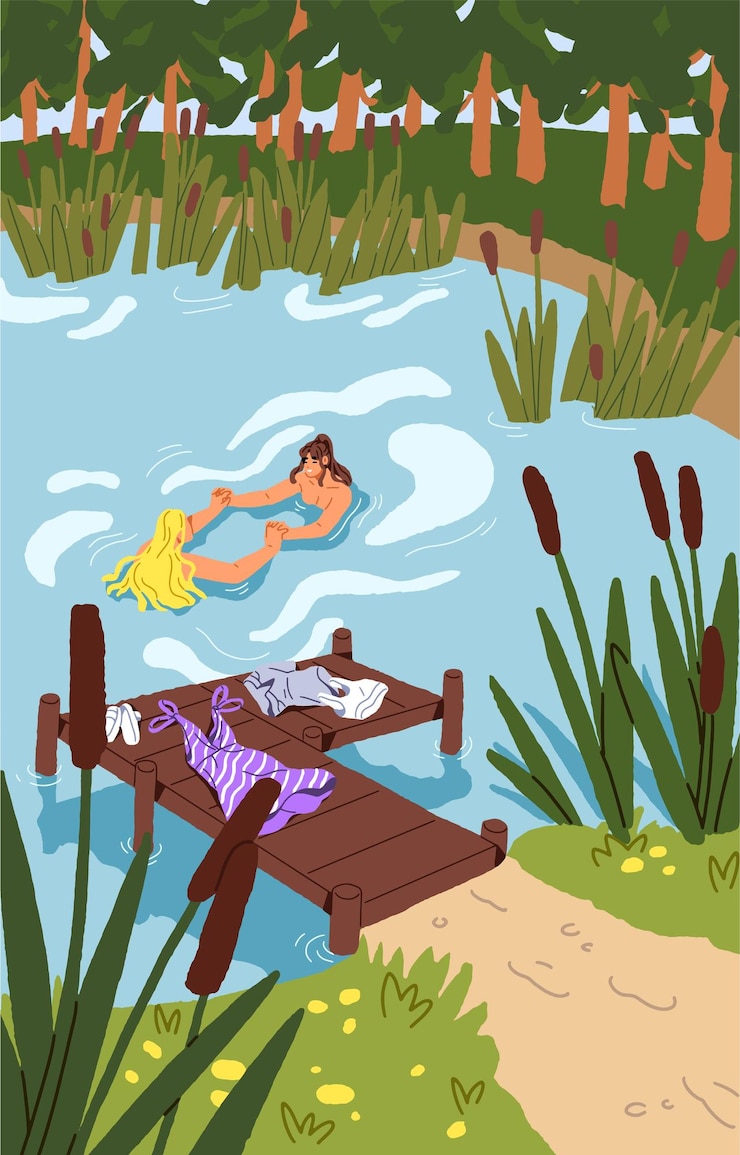 Vector happy naked girls have fun in pond poster joyful friends swimming in lake in village in summer vacation young women spend time at countryside nature outdoors on holidays flat vector illustration