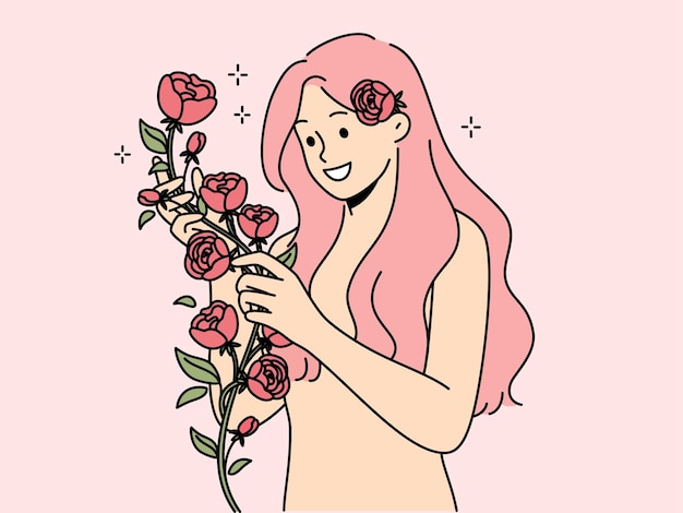 Happy naked woman with roses in hands