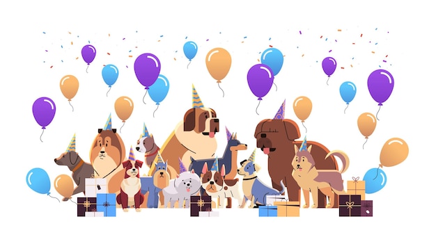 Поздравительная открытка с национальным днем собаки, различные милые собачки, позирующие в шляпах, праздник концепции домашних животных