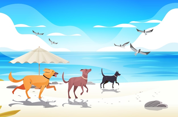 Happy national dog day greeting card various cute doggy relaxing on beach holiday of domestic animals concept seascape background horizontal vector illustration