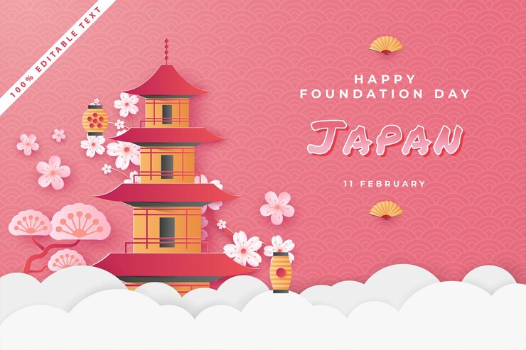 Happy national foundation day japan in paper cut art style with editable text effect  