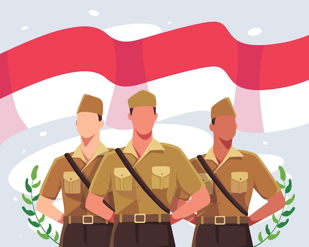 Buona giornata degli eroi nazionali. soldati indonesiani in uniforme vintage con sfondo di bandiera rossa e bianca dell'indonesia. la celebrazione del giorno degli eroi nazionali indonesiani. illustrazione vettoriale in uno stile piatto