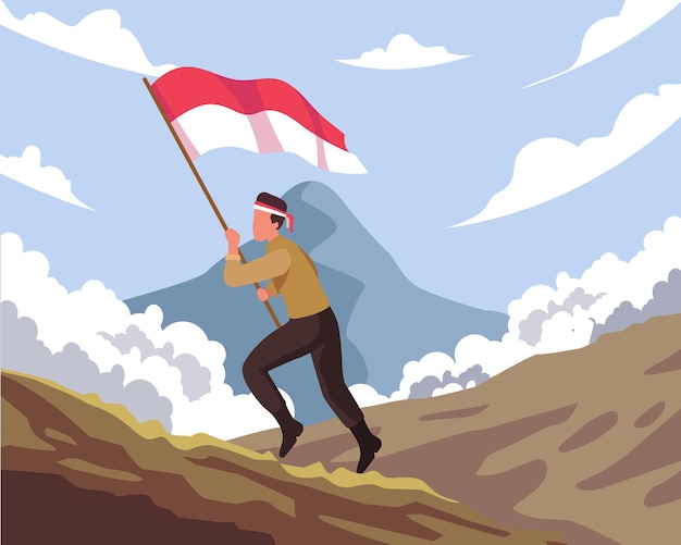 Happy national heroes day. Indonesian soldier running carrying the Indonesia flag. The Indonesian national heroes day celebration. Vector illustration in a flat style