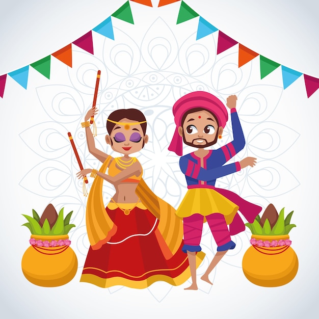 Happy navratri celebration card with couple dancing and garlands