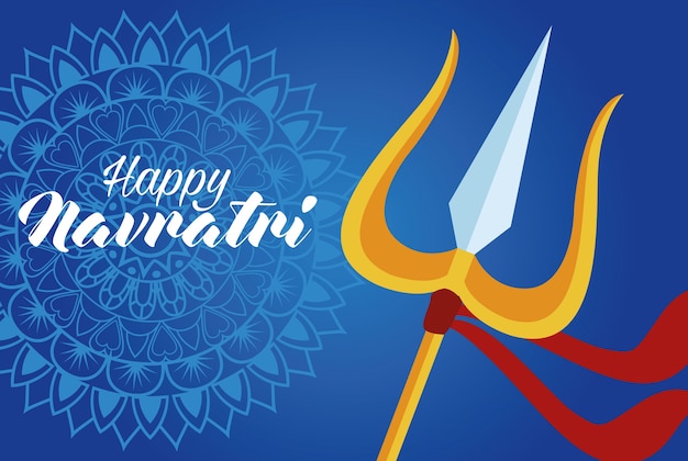 Happy navratri celebration card with trident and lettering