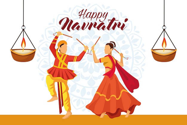 Happy navratri celebration with dancers couple and candles vector illustration design