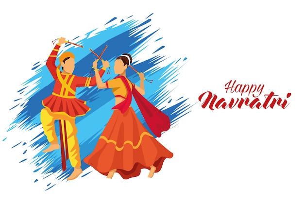 Happy navratri celebration with dancers couple and lettering vector illustration design