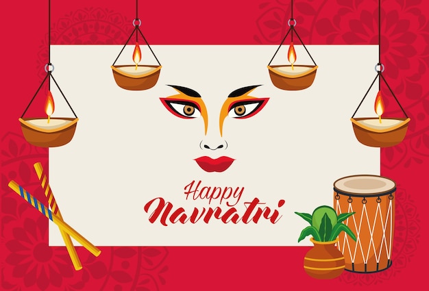 Vector happy navratri celebration with goddess amba face and candles hanging vector illustration design