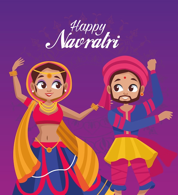 춤추는 여자와 남자 드럼 연주와 함께 행복 Navratri 축하