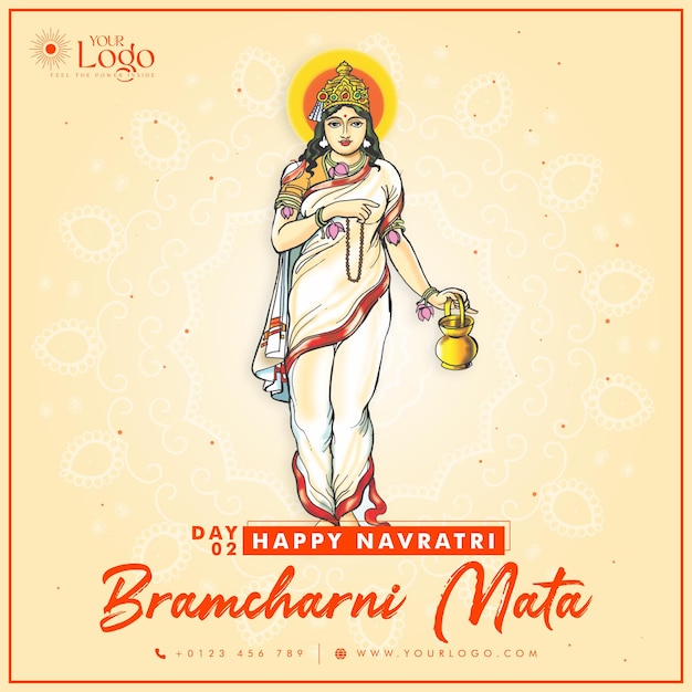 행복한 Navratri 및 Durga Puja 축제 축하 Bramcharni Devi Day 02의 포스트 디자인