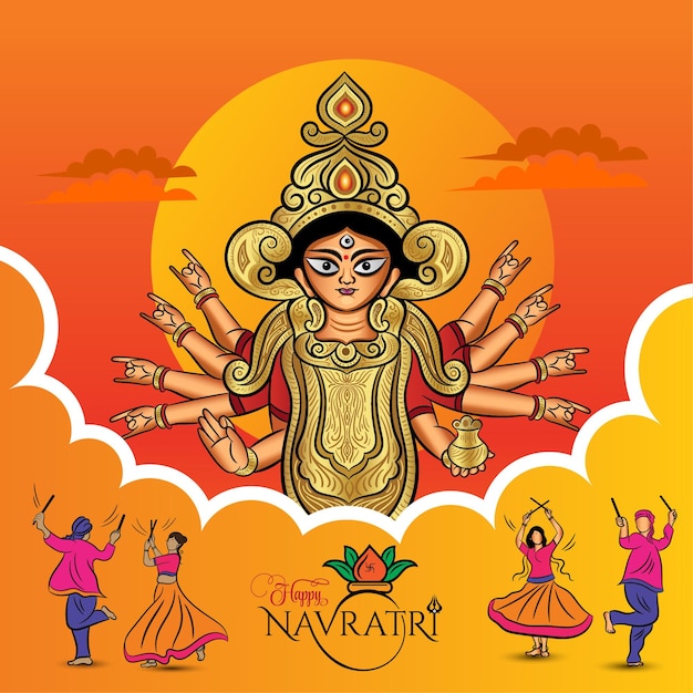 Happy navratri greeting with couple garba and dandiya dancing and goddess durga illustration