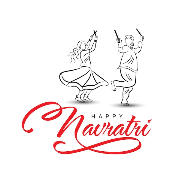 Vector happy navratri lettering with dandiya dancing couple outline illustration