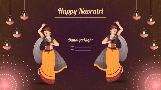 행복 Navratri 전통적으로 dandiya 밤 배너 벡터에 여성 캐릭터 옷을 입고