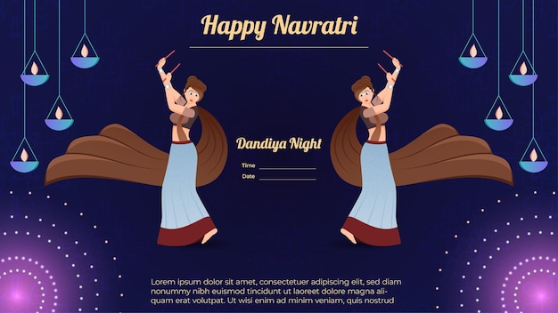 행복 Navratri 전통적으로 dandiya 밤 배너 벡터에 여성 캐릭터 옷을 입고