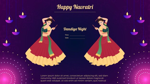 행복 Navratri 전통적으로 Dandiya 밤 배너 벡터에 여성 캐릭터 옷을 입고