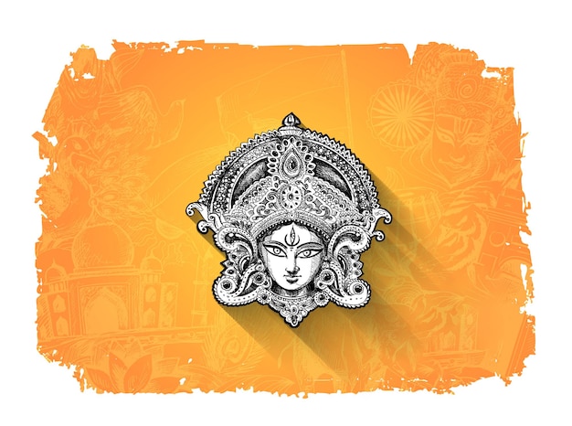 Happy navratri, vector illustration based on beautiful background with maa durga face and kalash.