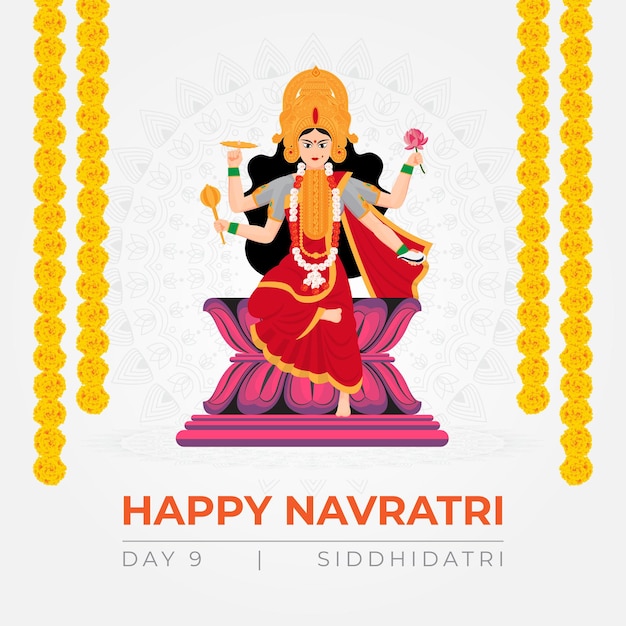 幸せなナヴラトリは、女神ドゥルガーsiddhidatriベクトルの9つのアバターのイラストを望みます