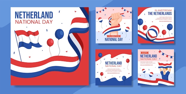 Happy netherlands national day social media post flat cartoon hand drawn templates illustration