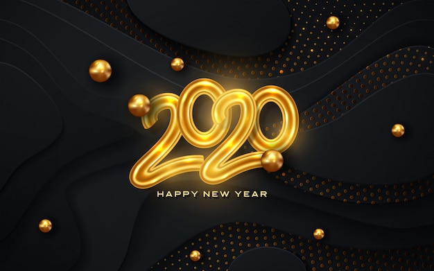 Vector happy new 2020 year greeting card, black color and golden effect