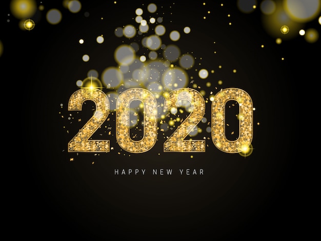 Happy New 2020 Year. Holiday   of golden metallic numbers 2020 and sparkling glitters pattern. Realistic 3d sign. Festive poster or banner design