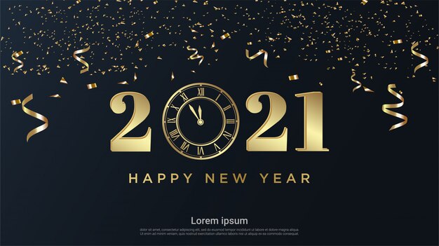 Happy new 2021 year with watch and ribbon background