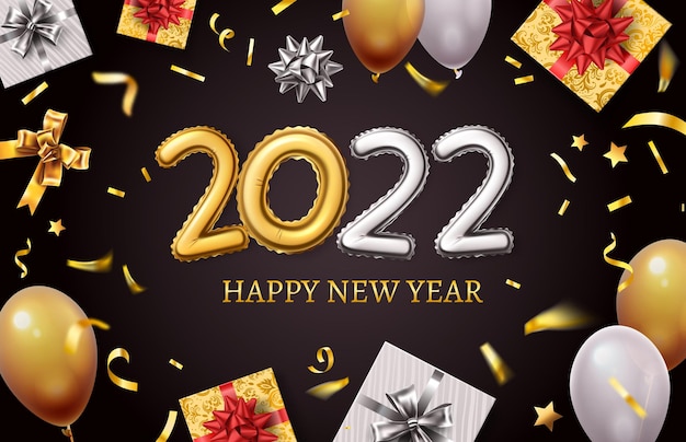 Felice nuovo anno 2022. banner con numeri realistici di palloncini dorati, scatole regalo, fiocchi dorati e coriandoli. disegno vettoriale di biglietto di auguri per le vacanze. bandiera dorata di natale e illustrazione del nuovo anno 2022