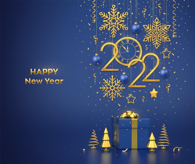 Happy New 2022 Year. Gold metallic numbers 2022 and watch with Roman numeral and countdown midnight, eve for New Year. Gift box and golden metallic pine or fir, cone shape spruce trees. Vector.