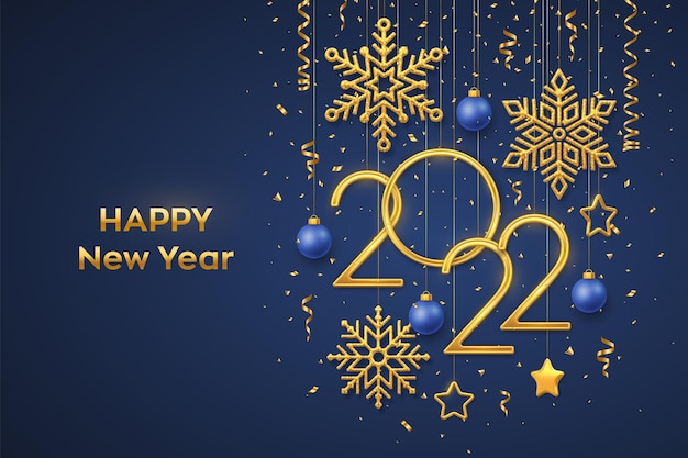 Felice anno nuovo 2022. numeri metallici dorati appesi 2022 con fiocchi di neve brillanti, stelle metalliche 3d, palline e coriandoli su sfondo blu. biglietto di auguri di capodanno o modello di banner. vettore.