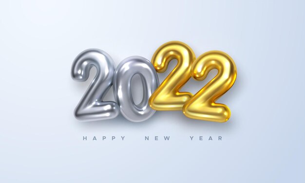 Happy new 2022 year holiday sign with golden and silver 3d numbers