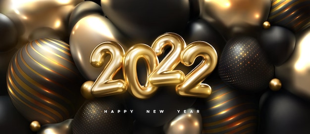 Happy new 2022 year. holiday vector illustration of golden 3d numbers 2022 and abstract shimmering balls or bubbles. 3d sign. festive poster or banner design. party invitation