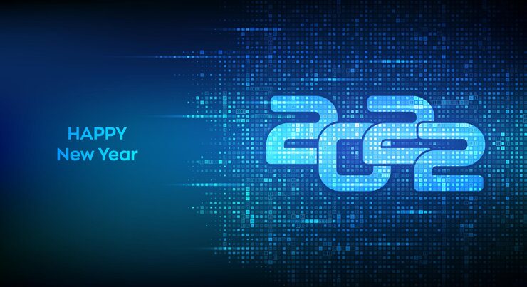 Vector 2021 年新年快樂! 2022 年數字用二進制代碼製作數碼二進制數據和流動數碼代碼背景數字 1.0 的矩陣背景向量插圖