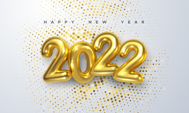 Segno di felice anno nuovo 2022 con numero dorato 3d 2022