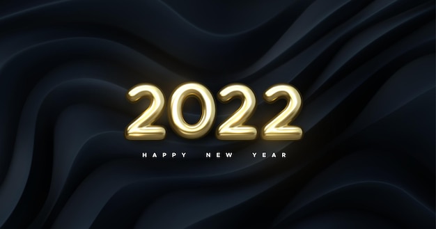 ハッピーニュー2022年。ベクトル休日イラスト。黒の幾何学的な背景に黄金の数字2022。お祝いイベントバナー。波状の地形の背景。ポスターやカバーデザインの装飾要素