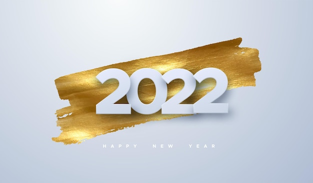 Happy new 2022 year white paper sign on golden paint stain background