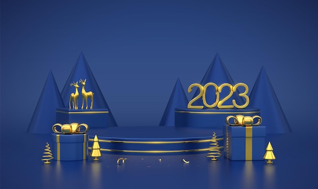 幸せな新しい 2023 年 3 d ゴールデン メタリック番号 2023 ブルー ステージ表彰台シーン ラウンドとキューブ プラットフォーム ギフト ボックス現実的な黄金の鹿青の背景に金属の松のトウヒの木ベクトル