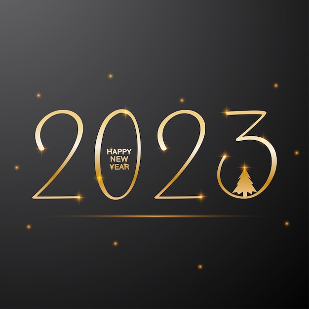 Felice nuovo anno 2023 banner con numeri d'oro e albero biglietto d'auguri banner poster