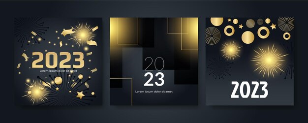 Vector happy new 2023 year elegant gold text with light minimal text template on black background