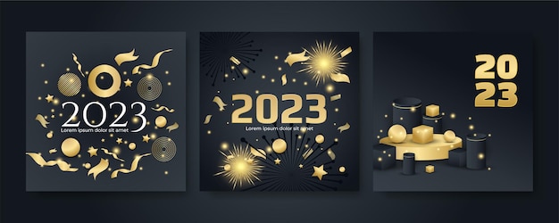 Happy new 2023 year elegant gold text with light Minimal text template on black background