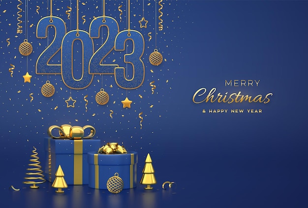 Happy New 2023 Year Hanging on gold ropes numbers 2023 with shining 3D balls stars confetti on blue background Gift boxes snowflake and golden metallic pine fir cone shape spruce trees Vector