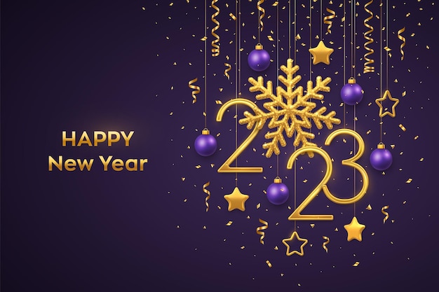 Happy New 2023 Year Hanging Golden metallic numbers 2023 with shining snowflake and confetti on purple background New Year greeting card or banner template Holiday decoration Vector illustration