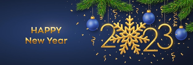 Happy new 2023 year hanging golden metallic numbers 2023 with
snowflake balls pine branches and confetti on blue background new
year greeting card or banner template holiday decoration
vector