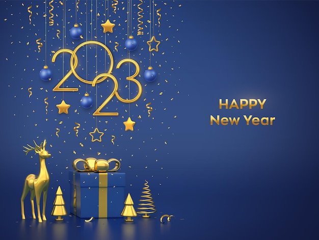 Happy New 2023 Year Hanging golden metallic numbers 2023 with stars balls on blue background Gift box gold deer and golden metallic pine or fir cone shape spruce trees Vector illustration