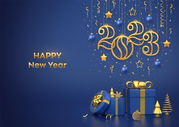 Happy New 2023 Year Hanging golden metallic numbers 2023 with stars balls and confetti on blue background Gift boxes and golden metallic pine or fir cone shape spruce trees Vector illustration