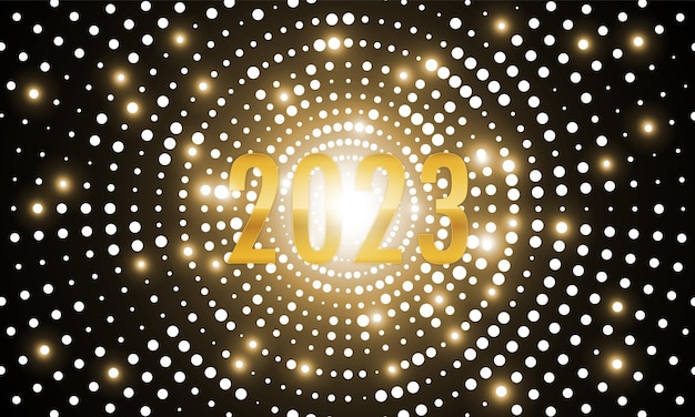 Vector happy new 2023 year lights on the stage light floodlights background holiday of golden metallic numbers vector design