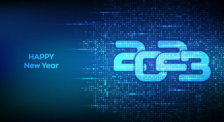 Vector 2023 年新年快樂 數字 2023 用二進制代碼製作 數碼二進制數據和流動數碼代碼背景 數字 10 矩陣背景 矢量插圖
